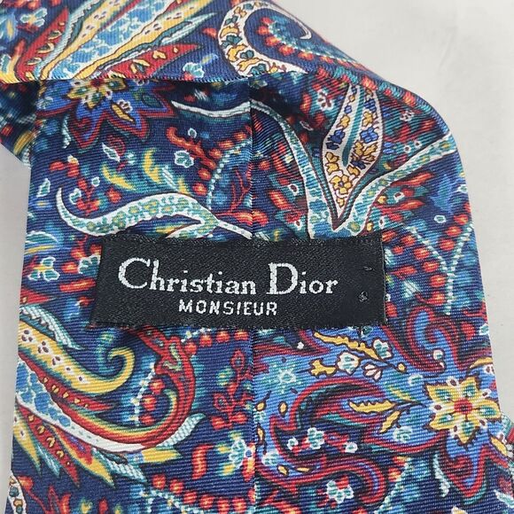 Christian Dior Tie Designer Necktie Paisley bright‎ feather artsy 100% Silk - Picture 4 of 8